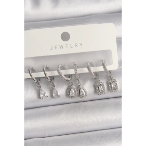 Pirinç Gümüş Renk Sallantı Zirkon Taşlı Damla Model Kadın Küpe Seti