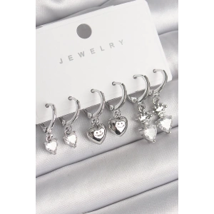 Pirinç Gümüş Renk Sallantı Zirkon Taşlı Kalp Model Taç Detay Kadın Küpe Seti