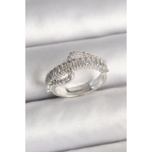 Pirinç Gümüş Renk Su Yolu Zirkon Taşlı Ayarlanabilir Model Kadın Yüzük