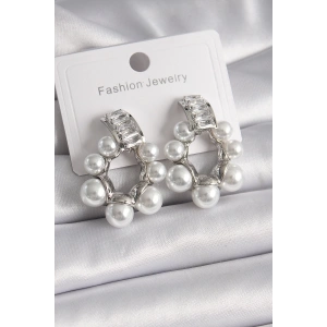 Pirinç Gümüş Renk Su Yolu Zirkon Taşlı İncili Halka Model Kadın Küpe