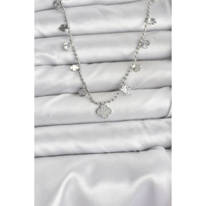 Pirinç Gümüş Renk Yonca Model Kadın Kolye