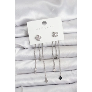 Pirinç Gümüş Renk Yonca Model Sallantılı Kadın Küpe