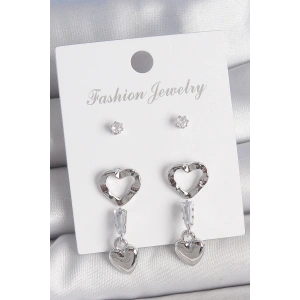 Pirinç Gümüş Renk Zirkon Taş Detaylı Sallantı Model 2 Çift Kadın Küpe Seti