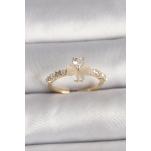 Pirinç Gümüş Renk Zirkon Taşlı Beyaz Mineli Yonca Model İnci Detay Ayarlanabilir Yüzük