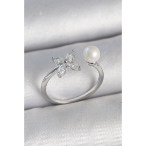 Pirinç Gümüş Renk Zirkon Taşlı Çiçek Model İnci Detay Ayarlanabilir Kadın Yüzük