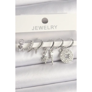 Pirinç Gümüş Renk Zirkon Taşlı Çoklu Figür Kadın Küpe Seti