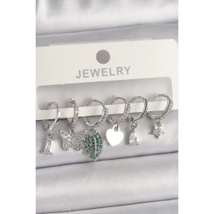 Pirinç Gümüş Renk Zirkon Taşlı Çoklu Figür Kadın Küpe Seti