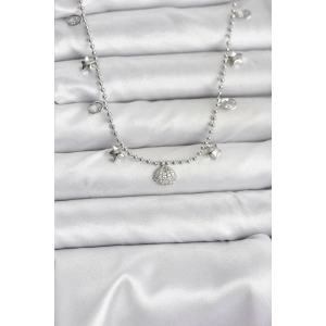 Pirinç Gümüş Renk Zirkon Taşlı Deniz Kabuğu Model Kadın Kolye