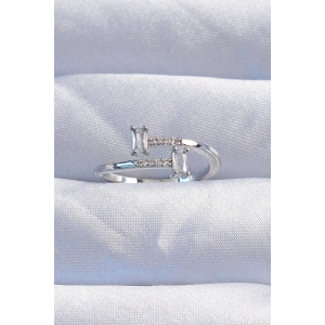 Pirinç Gümüş Renk Zirkon Taşlı Geometrik Ayarlanabilir Yüzük