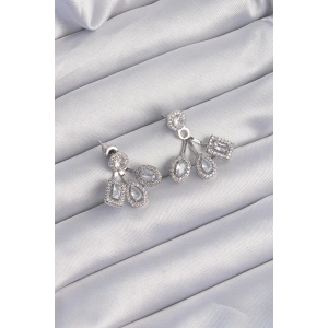 Pirinç Gümüş Renk Zirkon Taşlı Geometrik Model Küpe