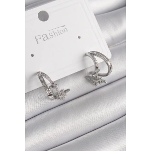 Pirinç Gümüş Renk Zirkon Taşlı Halka Model Sallantı Yıldız Detay Kadın Küpe