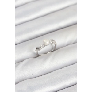 Pirinç Gümüş Renk Zirkon Taşlı İncili Model Kadın Yüzük