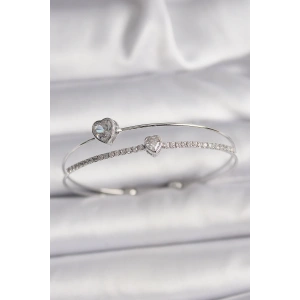 Pirinç Gümüş Renk Zirkon Taşlı Kalp Model Kadın Bileklik