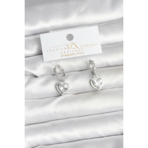 Pirinç Gümüş Renk Zirkon Taşlı Kalp Model Kadın Küpe