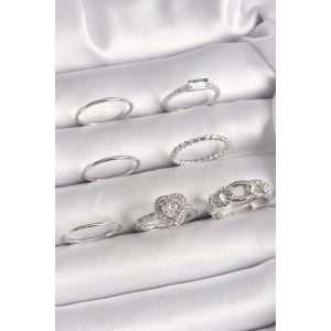 Pirinç Gümüş Renk Zirkon Taşlı Kalp Model Kadın Yüzük Kombini