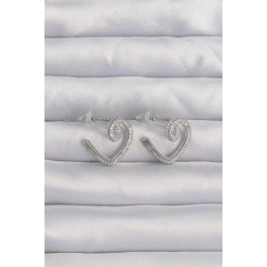 Pirinç Gümüş Renk Zirkon Taşlı Kıvrımlı Yarım Kalp Küpe