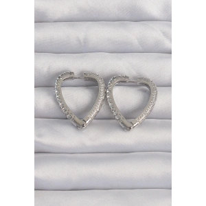 Pirinç Gümüş Renk Zirkon Taşlı Motifli Kalp Küpe