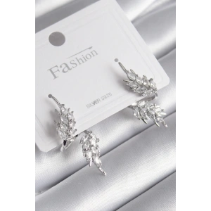 Pirinç Gümüş Renk Zirkon Taşlı Yaprak Model Kadın Küpe