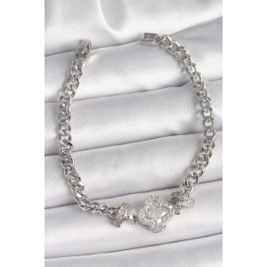 Pirinç Gümüş Renk Zirkon Taşlı Yonca Figür Zincir Model Kadın Bileklik