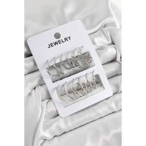 Pirinç Karışık Halka Model Gümüş Renk 6 Çift Kadın Küpe Set