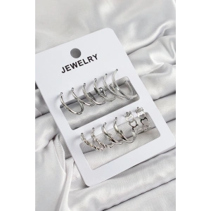 Pirinç Karışık Halka Model Gümüş Renk 6 Çift Kadın Küpe Set