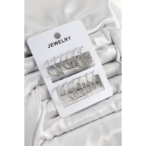 Pirinç Karışık Halka Model Gümüş Renk 6 Çift Kadın Küpe Set