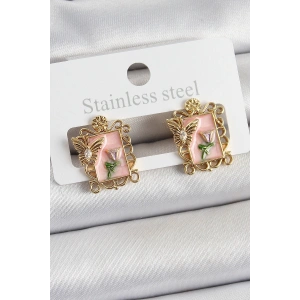 Pirinç Pembe Mineli Sanatsal Portre Model Gold Renk Kadın Küpe