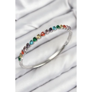 Pirinç Renkli Zirkon Taşlı Kalp Model Gümüş Renk Kadın Kelepçe