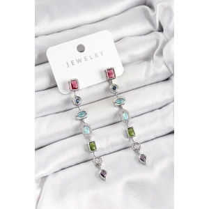 Pirinç Renkli Zirkon Taşlı Sallantılı Model Gümüş Renk Kadın Küpe