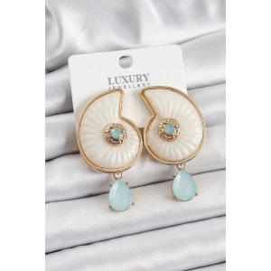 Pirinç Sedef Deniz Kabuğu Figürlü Zirkon Taşlı Gold Renk Kadın Küpe