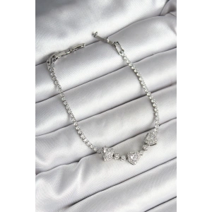 Pirinç Sıralı Kalp Figürlü Zirkon Taşlı Gümüş Renk Kadın Bileklik