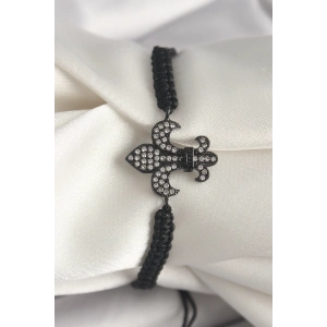 Pirinç Siyah Renk Zirkon Taşlı Zambak Figür Asansörlü Makrome Model Kadın Bileklik