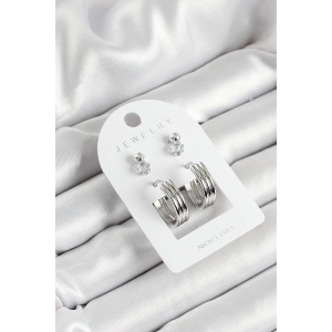 Pirinç Zirkon Taş Ve Halka Figürlü Gümüş Renk 3lü Çift Kadın Küpe Set