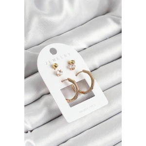 Pirinç Zirkon Taş Ve Kemik Halka Figürlü Gold Renk 3lü Çift Kadın Küpe Set