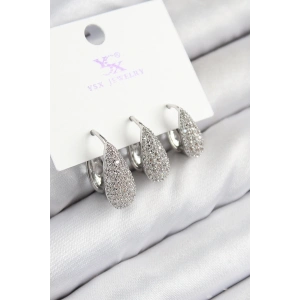 Pirinç Zirkon Taşlı 3lü Damla Model Gümüş Renk Kadın Küpe