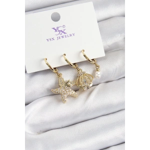 Pirinç Zİrkon Taşlı Deniz Yıldızı Ve İstiridye Model Gold Renk 3lü Kadın Küpe