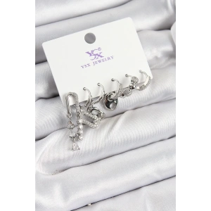 Pirinç Zİrkon Taşlı Dikdörtgen Model Gümüş Renk 3lü Çift Kadın Küpe