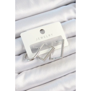 Pirinç Zirkon Taşlı Dikdörtgen Model Gümüş Renk 3lü Çift Kadın Küpe Set