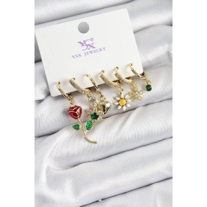 Pirinç Zİrkon Taşlı Gül Ve Papatya Model Gold Renk 3lü Çift Kadın Küpe