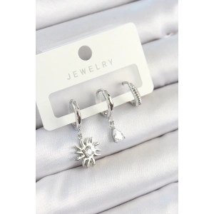 Pirinç Zirkon Taşlı Güneş Model Gümüş Renk 3lü Çift Kadın Küpe Set