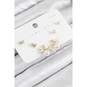 Pirinç Zirkon Taşlı İnci Melek Model Gold Renk 925 Ayar Gümüş Çivi Kadın Küpe Set