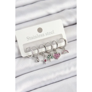 Pirinç Zirkon Taşlı Karpuz Yonca Kalp Pusula Karışık Model Gümüş Renk 6lı Set Kadın Küpe