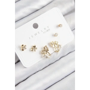 Pirinç Zirkon Taşlı Kelebek Model Gold Renk 925 Ayar Gümüş Çivi Kadın Küpe Set