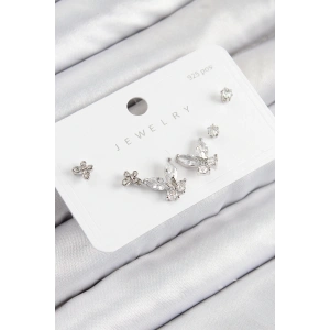 Pirinç Zirkon Taşlı Kelebek Model Gümüş Renk 925 Ayar Gümüş Çivi Kadın Küpe Set