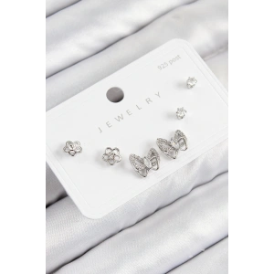 Pirinç Zirkon Taşlı Kelebek Model Gümüş Renk 925 Ayar Gümüş Çivi Kadın Küpe Set