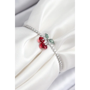 Pirinç Zirkon Taşlı Kiraz Model Gümüş Renk Asansörlü Kadın Bileklik