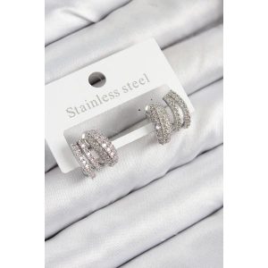 Pirinç Zirkon Taşlı Kıvrımlı Model Gümüş Renk Kadın Küpe