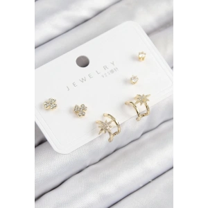 Pirinç Zirkon Taşlı Kutup Yıldızı Model Gold Renk 925 Ayar Gümüş Çivi Kadın Küpe Set