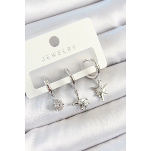 Pirinç Zirkon Taşlı Kutup Yıldızı Model Gümüş Renk 3lü Çift Kadın Küpe Set