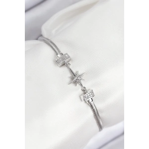 Pirinç Zirkon Taşlı Kutup Yıldızı Model Gümüş Renk Kadın Bileklik